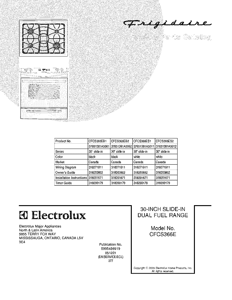 COVER Diagram and Parts List for CFCS366ES1  Frigidaire Range