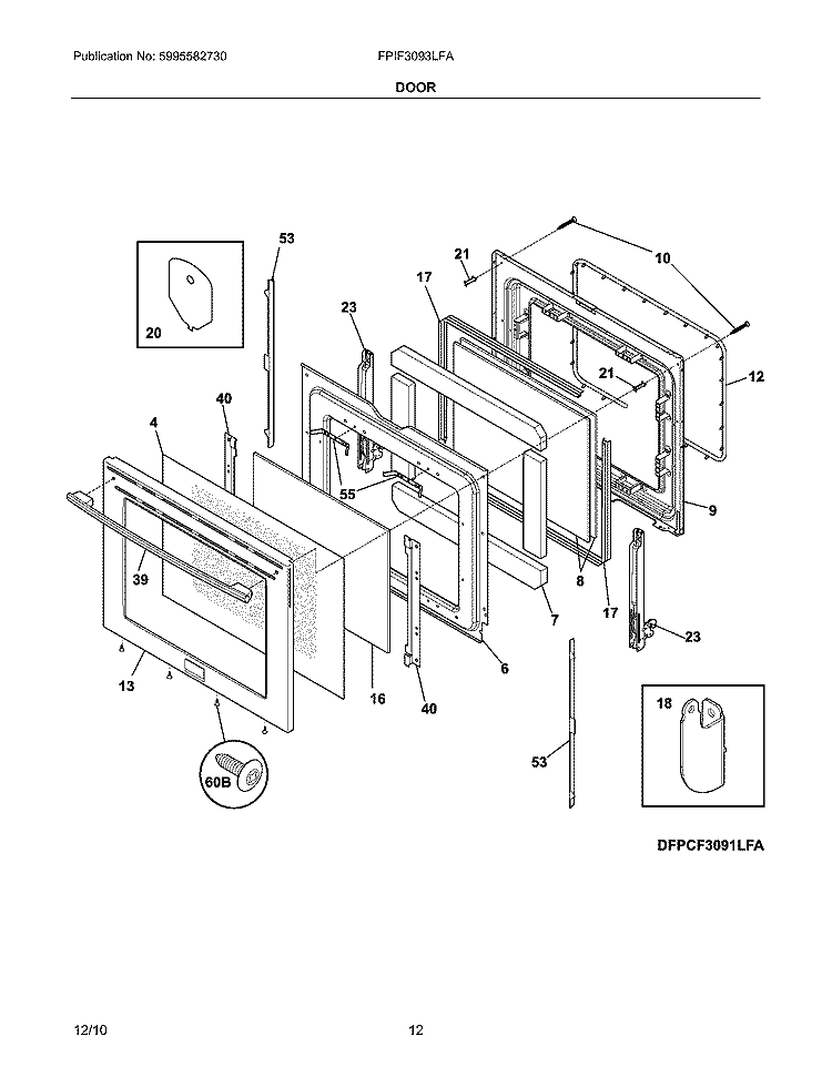DOOR Diagram and Parts List for FPIF3093LFA  Frigidaire Range