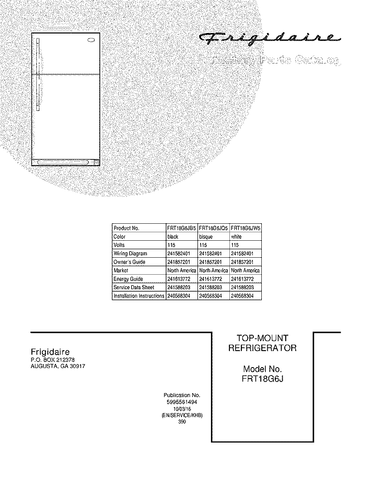 COVER Diagram and Parts List for FRT18G6JQ5  Frigidaire Refrigerator