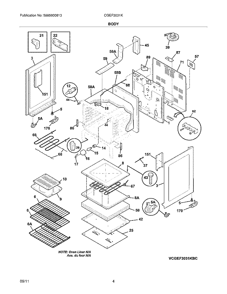 BODY Diagram and Parts List for CGEF3031KWE  Frigidaire Range