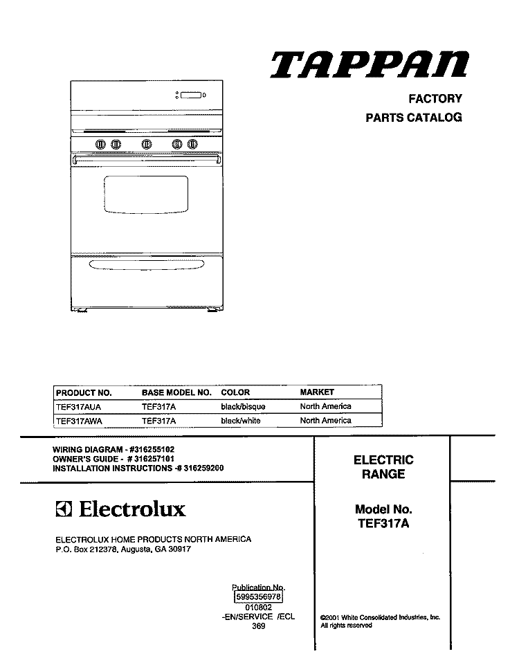 COVER Diagram and Parts List for TEF317AUA  Tappan Range