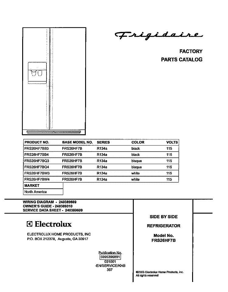 COVER Diagram and Parts List for FRS26HF7BQ4  Frigidaire Refrigerator