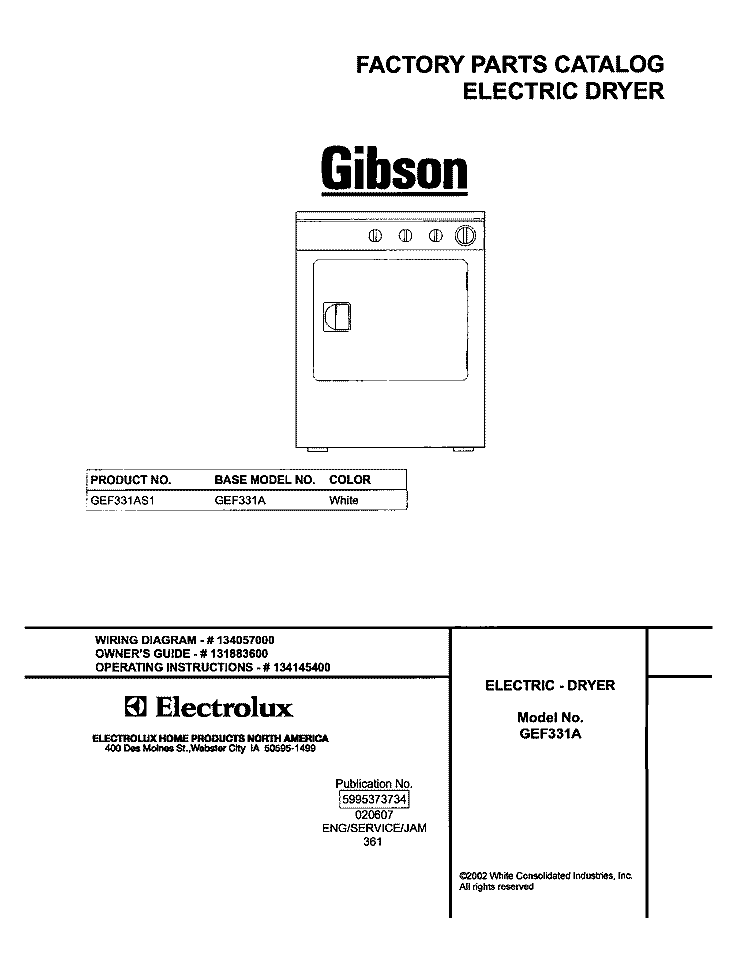 COVER Diagram and Parts List for GEF331AS1  Gibson Dryer