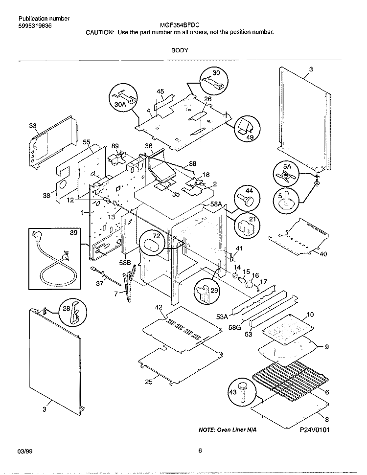 BODY Diagram and Parts List for MGF354BFDC  Frigidaire Range