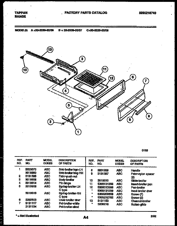 BROILER DRAWER PARTS Diagram and Parts List for 30-2239-00-07  Tappan Range