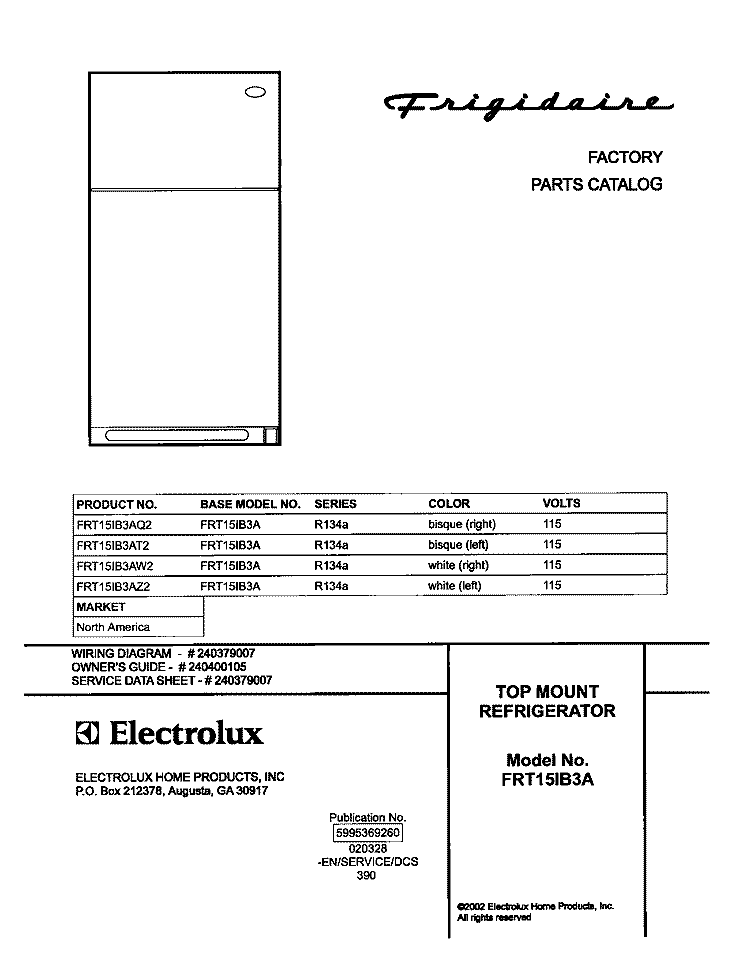 COVER Diagram and Parts List for FRT15IB3AQ2  Frigidaire Refrigerator