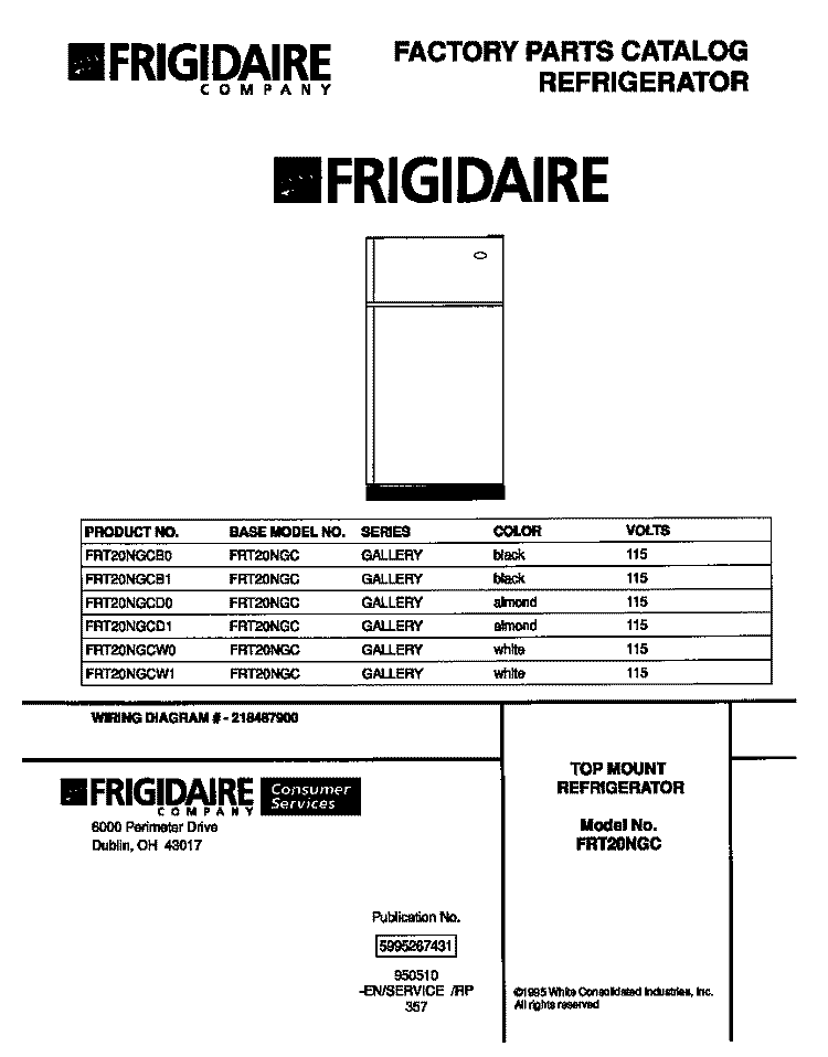 COVER Diagram and Parts List for FRT20NGCB0  Frigidaire Refrigerator