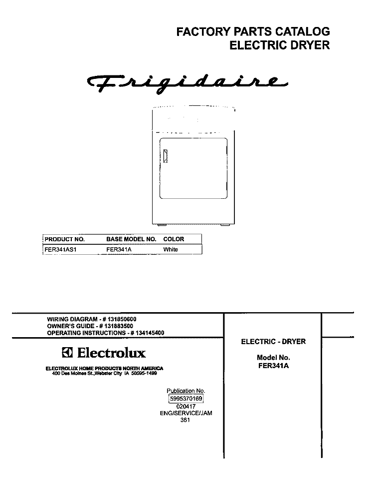 COVER Diagram and Parts List for FER341AS1  Frigidaire Dryer