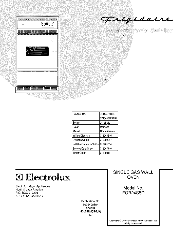 COVER Diagram and Parts List for FGB24S5DCD  Frigidaire Wall Oven