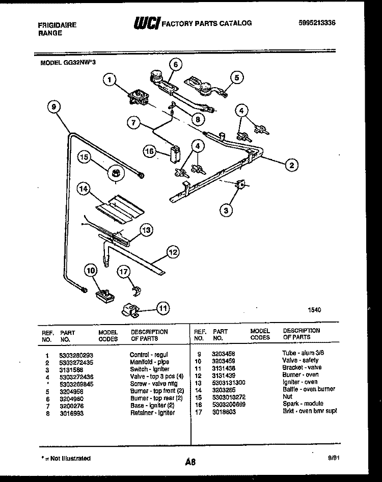 BURNER, MANIFOLD AND GAS CONTROL Diagram and Parts List for GG32NW3  Frigidaire Range