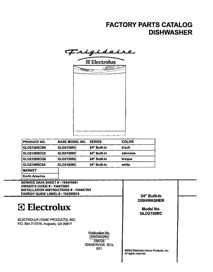 COVER Diagram and Parts List for GLD2150RCB0  Frigidaire Dishwasher
