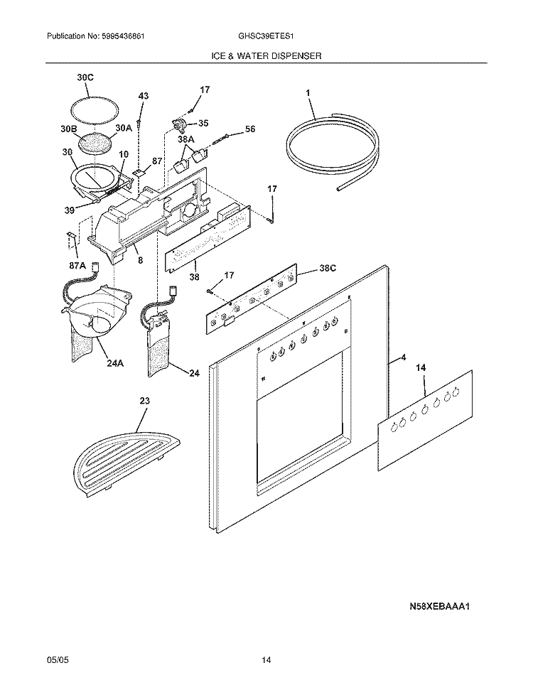 ICE & WATER DISPENSER Diagram and Parts List for GHSC39ETES1  Frigidaire Refrigerator