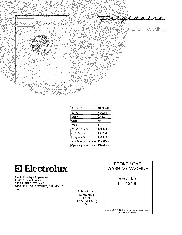 COVER Diagram and Parts List for FTF1240FS1  Frigidaire Washer