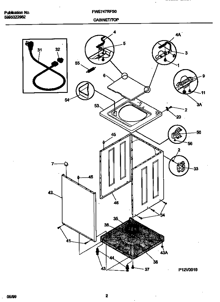 P12V0019 WSHR CAB, TOP Diagram and Parts List for FWS747RFS0  Frigidaire Washer