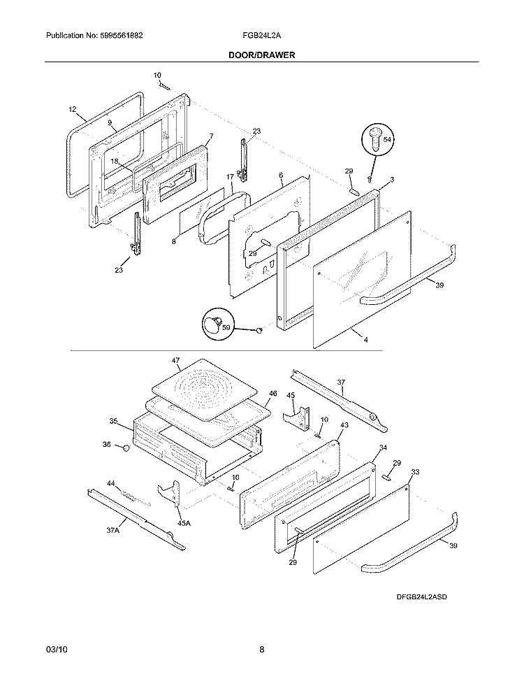 DOOR/DRAWER Diagram and Parts List for FGB24L2ABC  Frigidaire Wall Oven