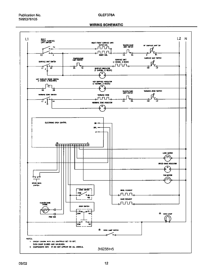 WIRING SCHEMATIC Diagram and Parts List for GLEF378AQF  Frigidaire Range