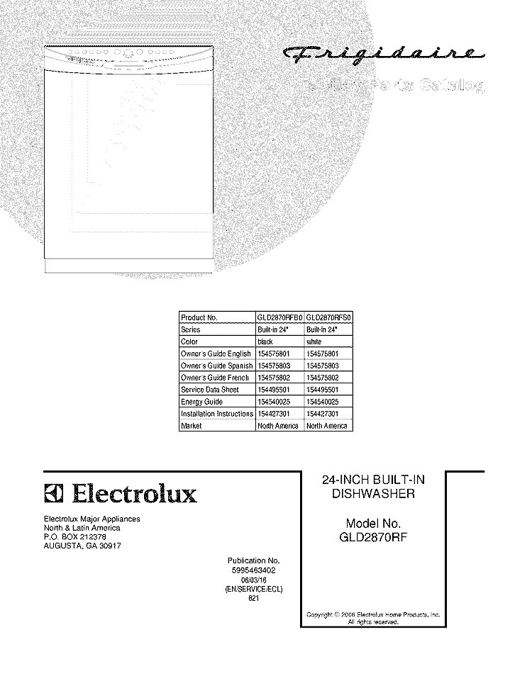 COVER Diagram and Parts List for GLD2870RFS0  Frigidaire Dishwasher