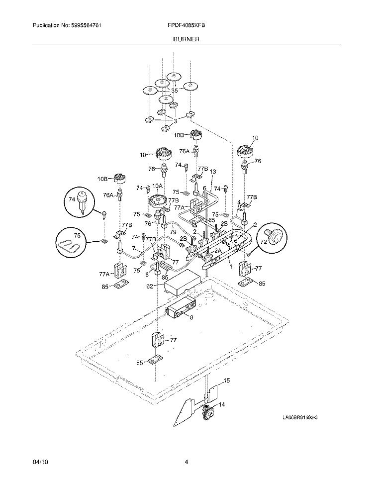 BURNER Diagram and Parts List for FPDF4085KFB  Frigidaire Range