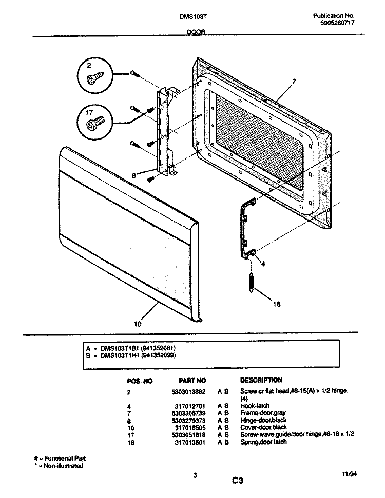 DOOR Diagram and Parts List for DMS103T1B1  Frigidaire Microwave
