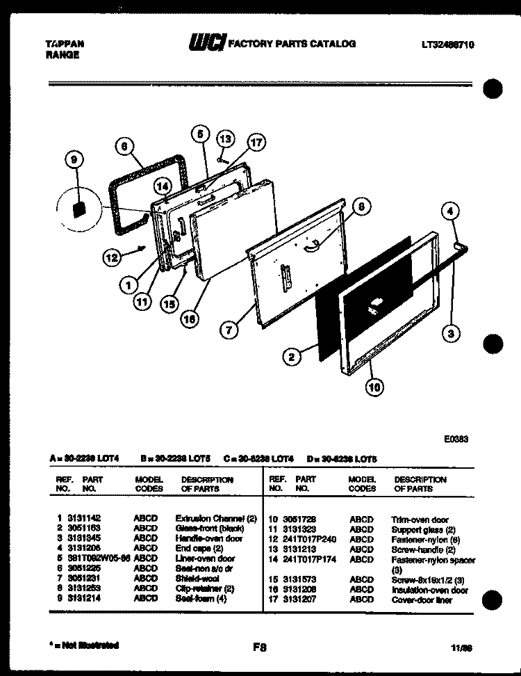 DOOR PARTS Diagram and Parts List for 30-2238-23-04  Tappan Range