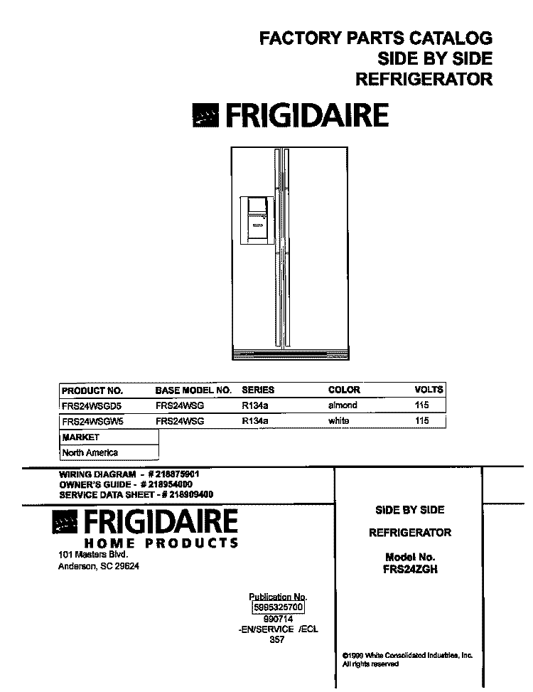 COVER Diagram and Parts List for FRS24WSGW5  Frigidaire Refrigerator