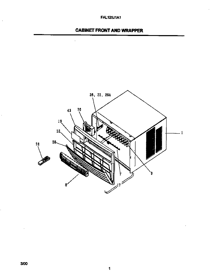 CABINET FRONT AND WRAPPER Diagram and Parts List for FAL125J1A1  Frigidaire Air Conditioner
