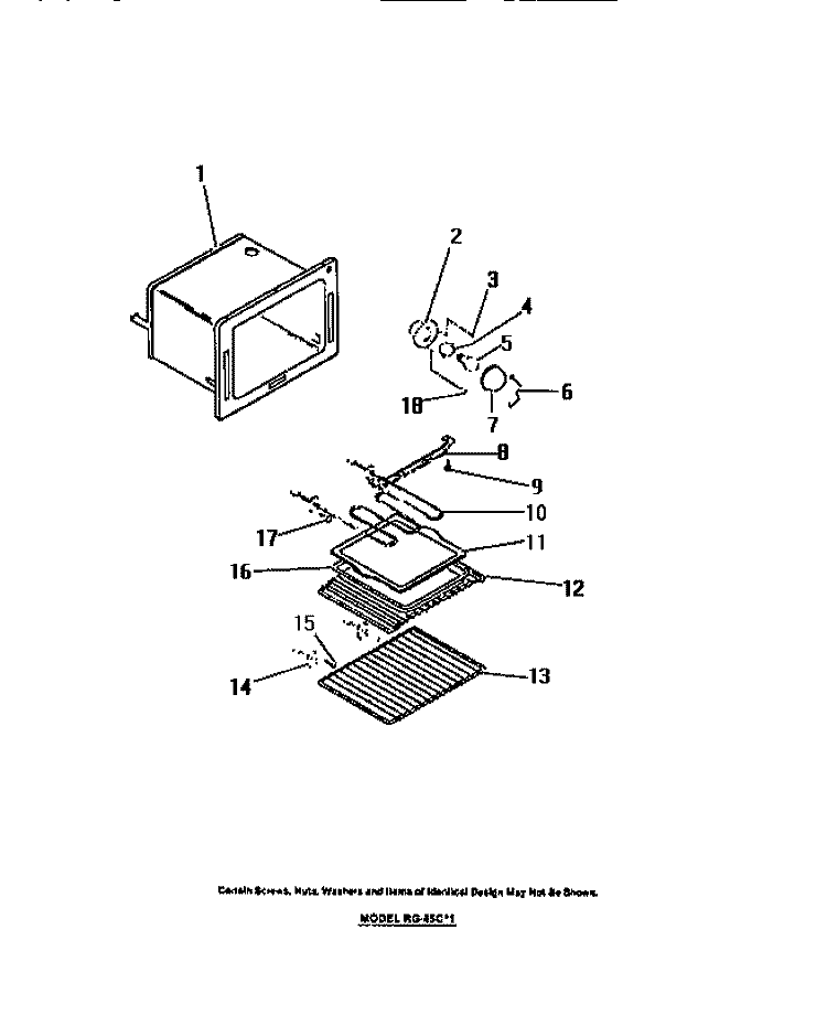 OVEN LINER, HEATING ELEMENTS Diagram and Parts List for RG45CL1  Frigidaire Range