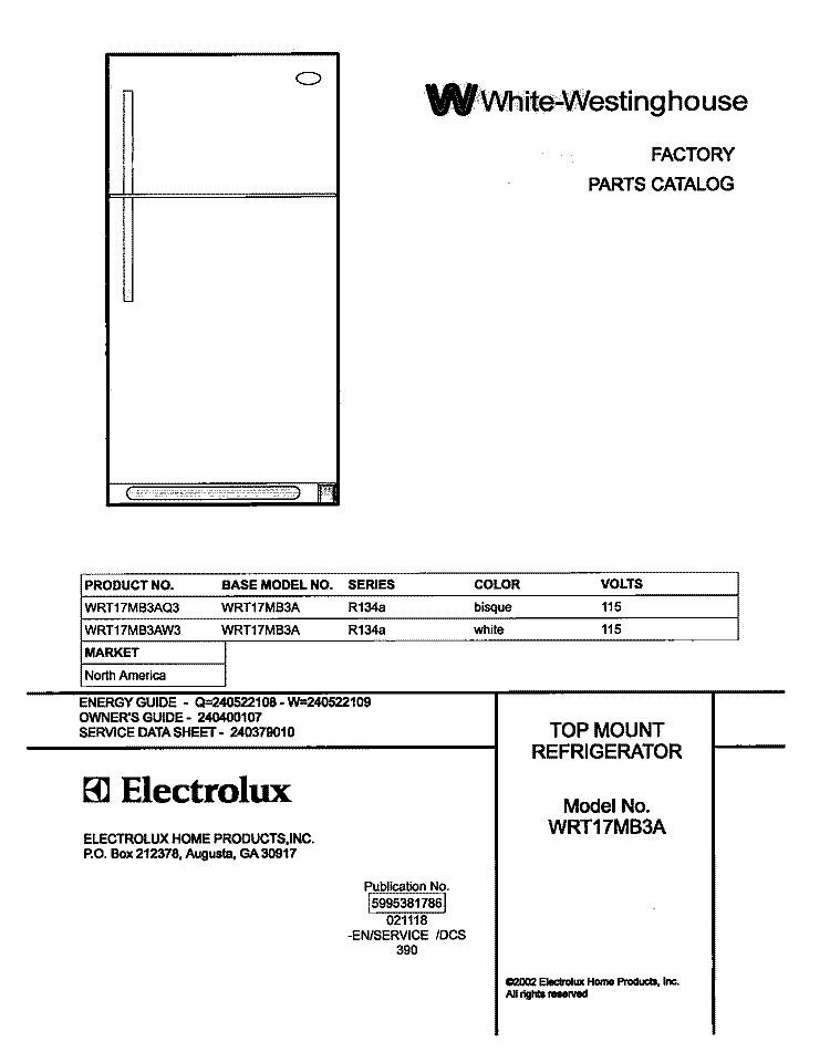 COVER Diagram and Parts List for WRT17MB3AQ3  Westinghouse Refrigerator