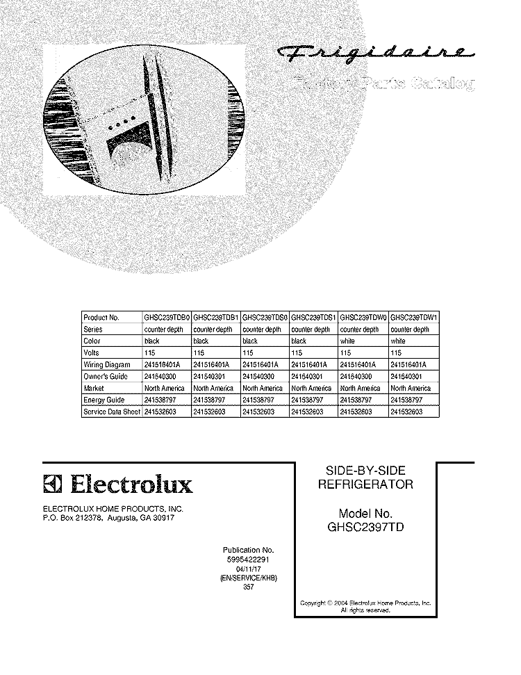 COVER Diagram and Parts List for GHSC239TDB0  Frigidaire Refrigerator