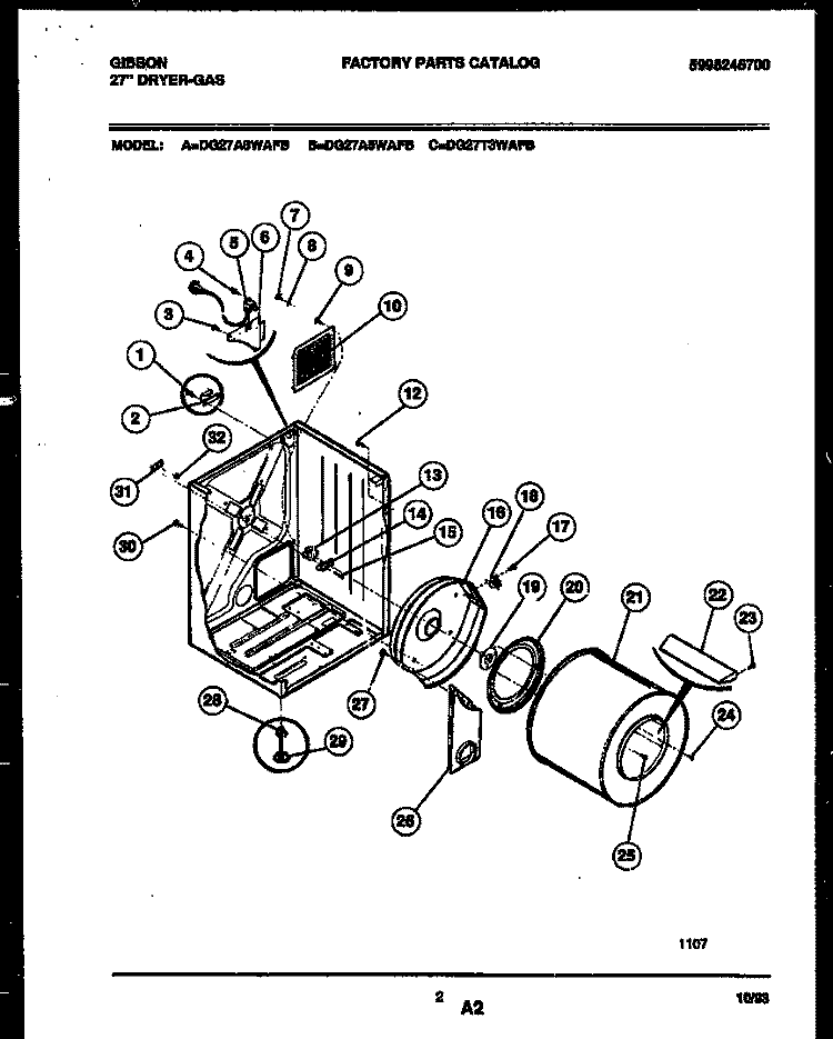 CABINET AND COMPONENT PARTS Diagram and Parts List for DG27T3WAFB  Gibson Dryer