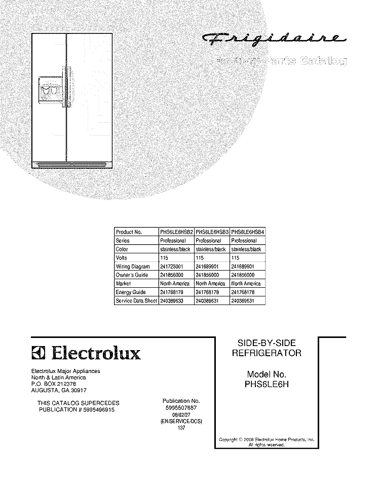 COVER Diagram and Parts List for PHS6LE6HSB3  Frigidaire Refrigerator