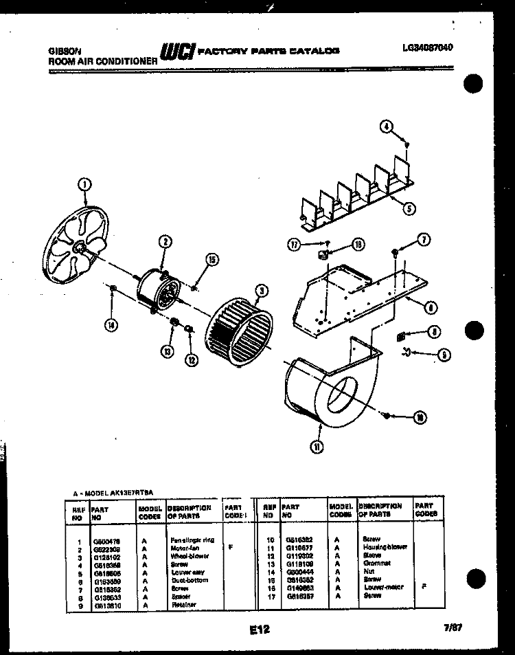 AIR HANDLING PARTS Diagram and Parts List for AK13E7RTBA  Gibson Air Conditioner