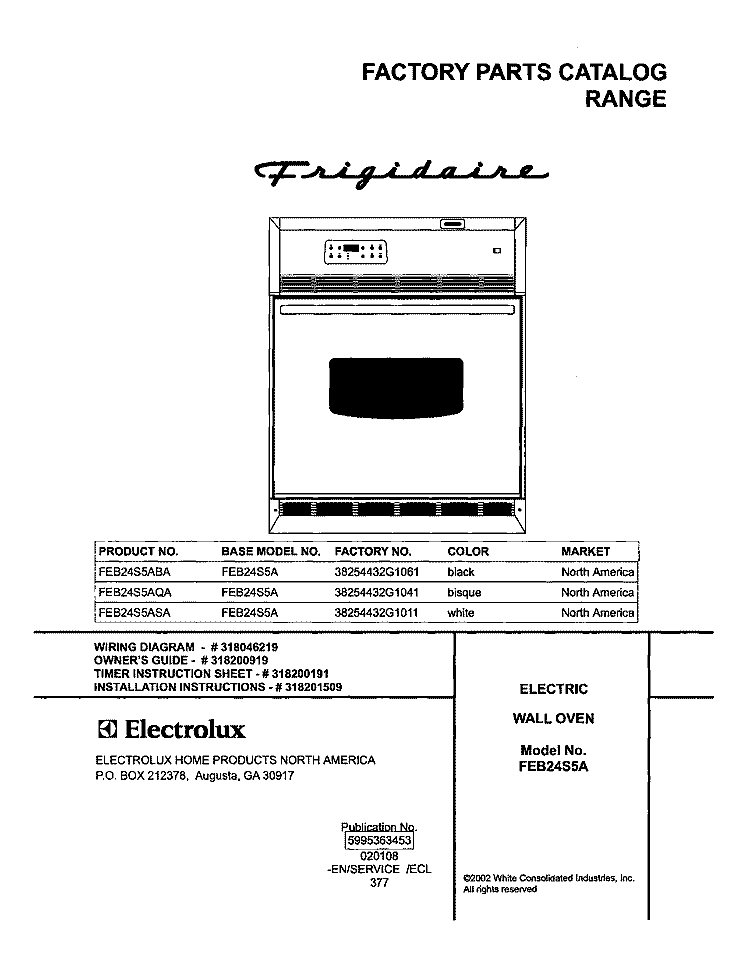 COVER Diagram and Parts List for FEB24S5AQA  Frigidaire Wall Oven