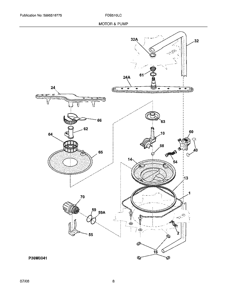 MOTOR & PUMP Diagram and Parts List for FDB510LCB5  Frigidaire Dishwasher