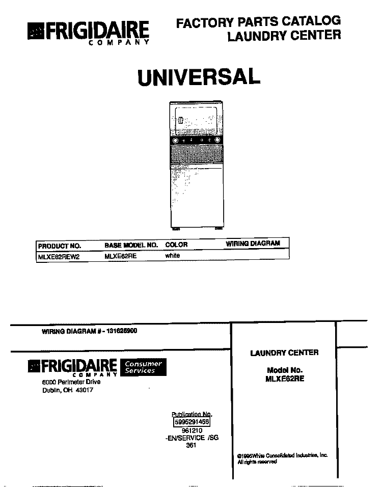 COVER Diagram and Parts List for MLXE62REW2  Frigidaire Washer Dryer Combo