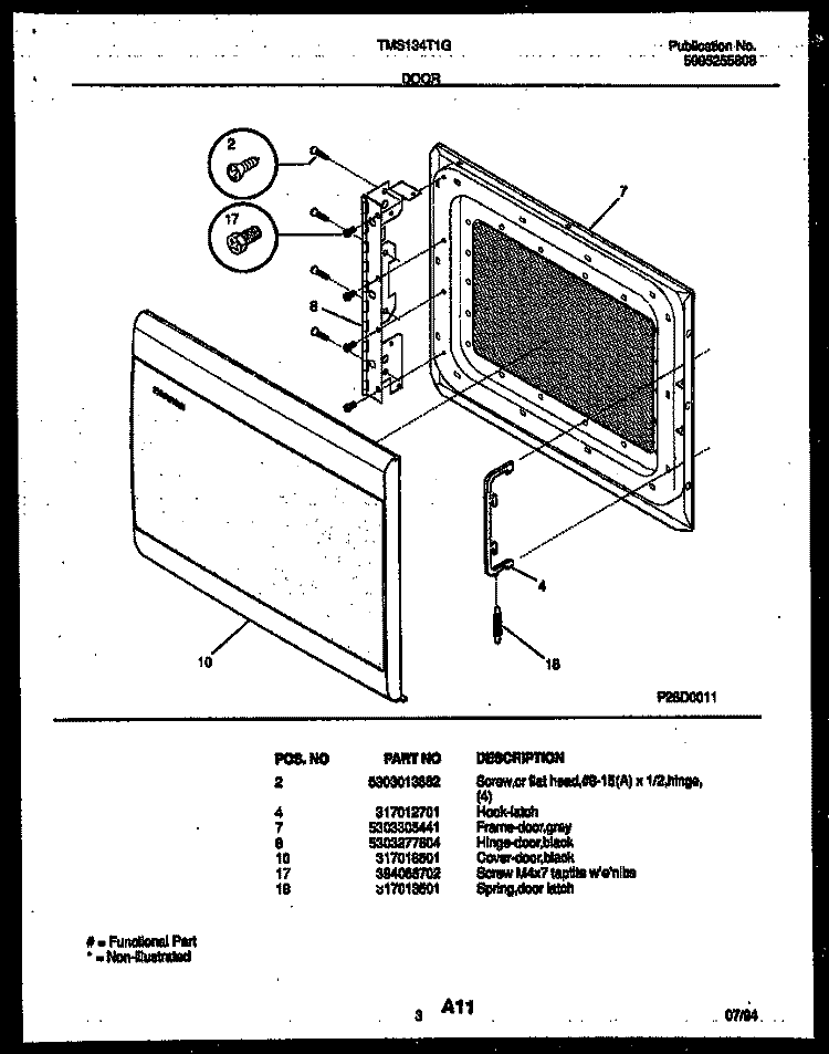 DOOR PARTS Diagram and Parts List for TMS134T1G  Tappan Microwave
