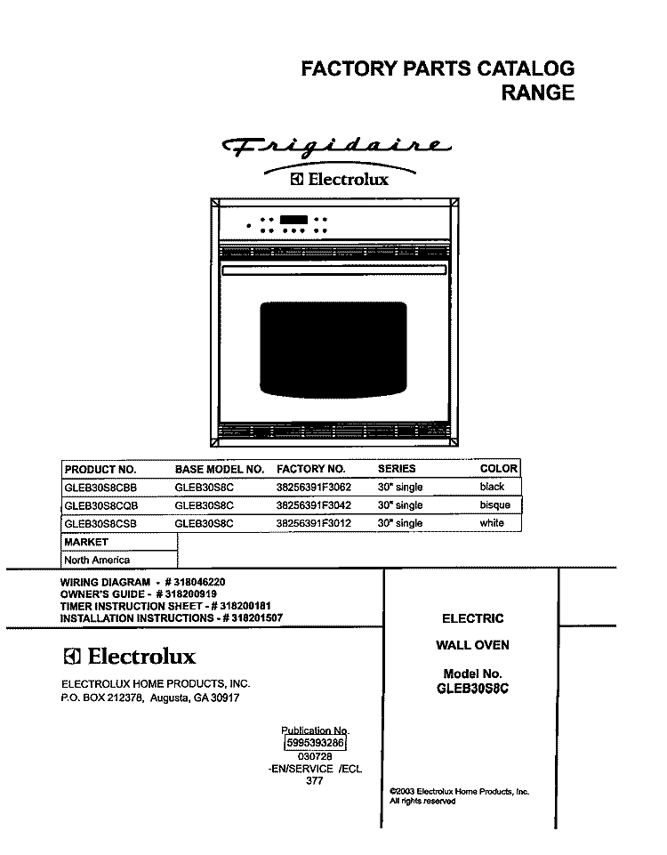 COVER Diagram and Parts List for GLEB30S8CSB  Frigidaire Wall Oven