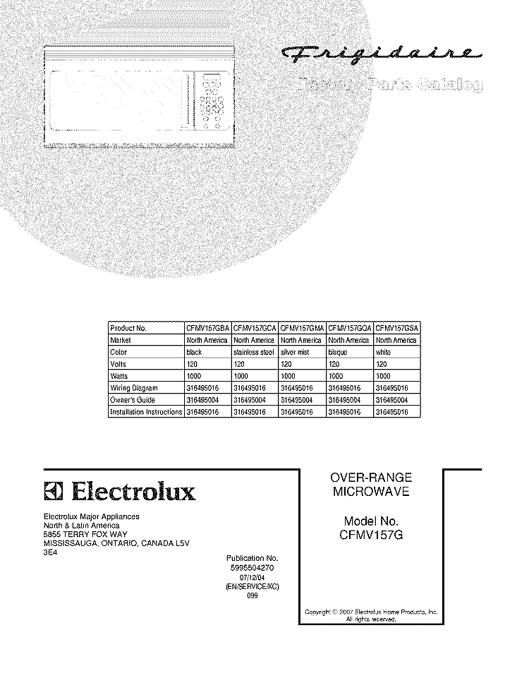COVER Diagram and Parts List for CFMV157GQA  Frigidaire Microwave