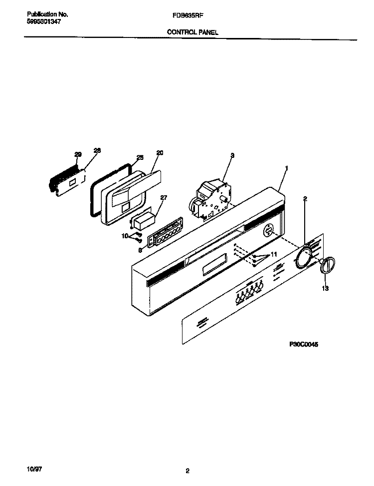 CONTROL PANEL Diagram and Parts List for FDB635RFR3  Frigidaire Dishwasher