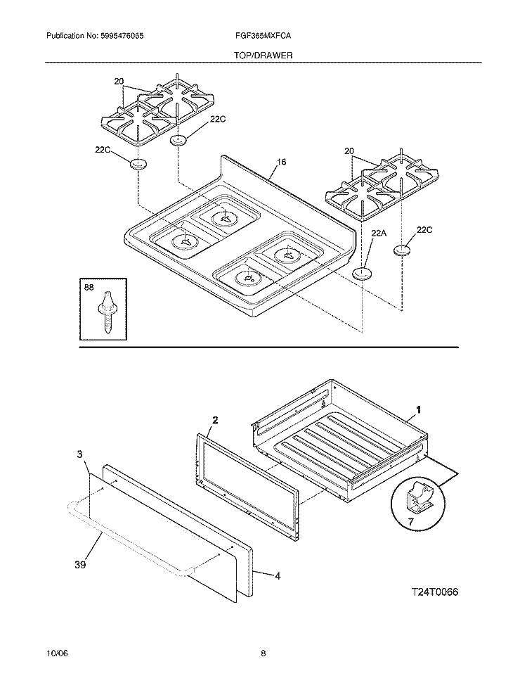 TOP / DRAWER Diagram and Parts List for FGF365MXFCA  Frigidaire Range