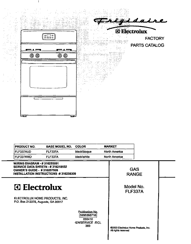 COVER Diagram and Parts List for FLF337AUD  Frigidaire Range