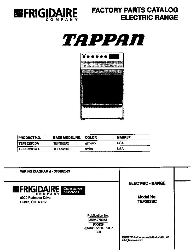 COVER Diagram and Parts List for TEF352SCWA  Tappan Range