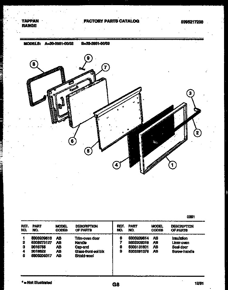 DOOR PARTS Diagram and Parts List for 30-3851-00-02  Tappan Range