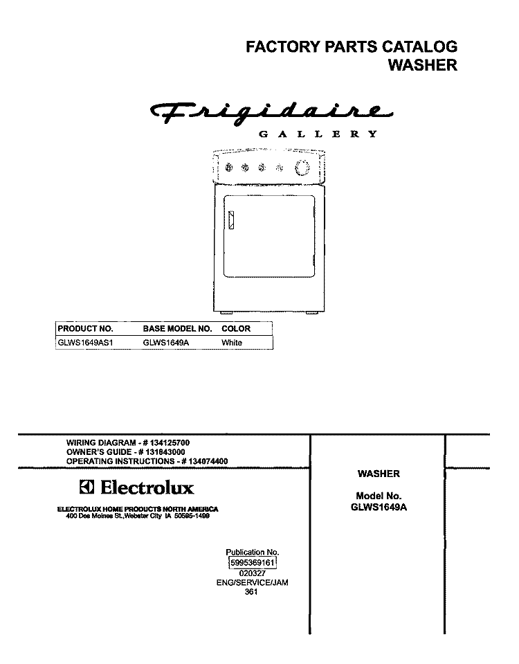 COVER Diagram and Parts List for GLWS1649AS1  Frigidaire Washer