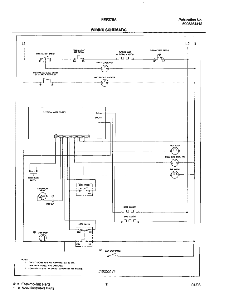 WIRING SCHEMATIC Diagram and Parts List for FEF376AQH  Frigidaire Range