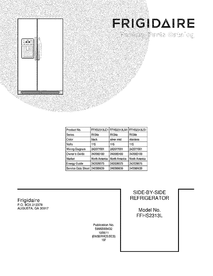 COVER Diagram and Parts List for FFHS2313LE1  Frigidaire Refrigerator