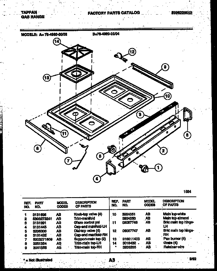 COOKTOP PARTS Diagram and Parts List for 76-4960-00-03  Tappan Microwave Oven Combo
