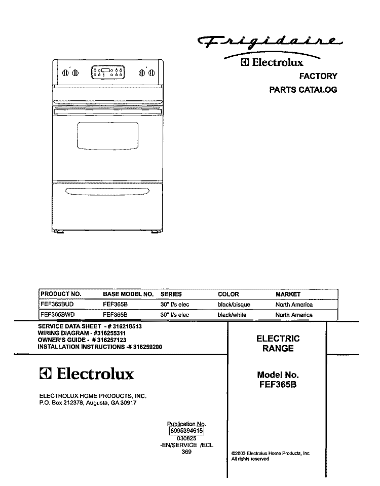 COVER Diagram and Parts List for FEF365BUD  Frigidaire Range
