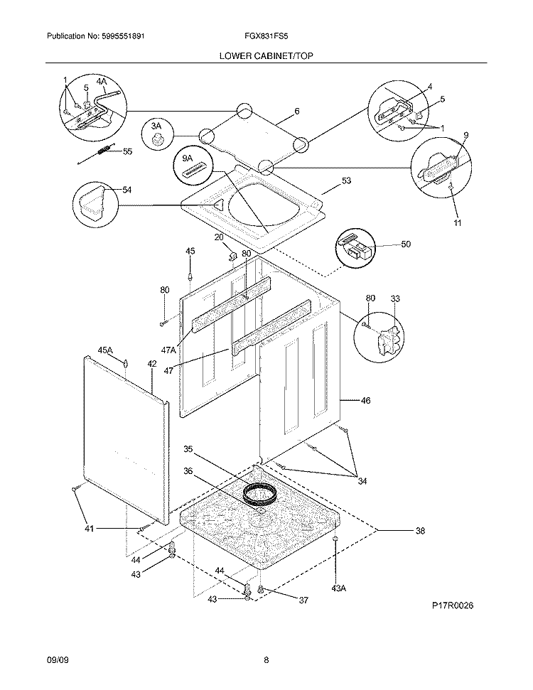 LOWER CABINET/TOP Diagram and Parts List for FGX831FS5  Frigidaire Washer Dryer Combo