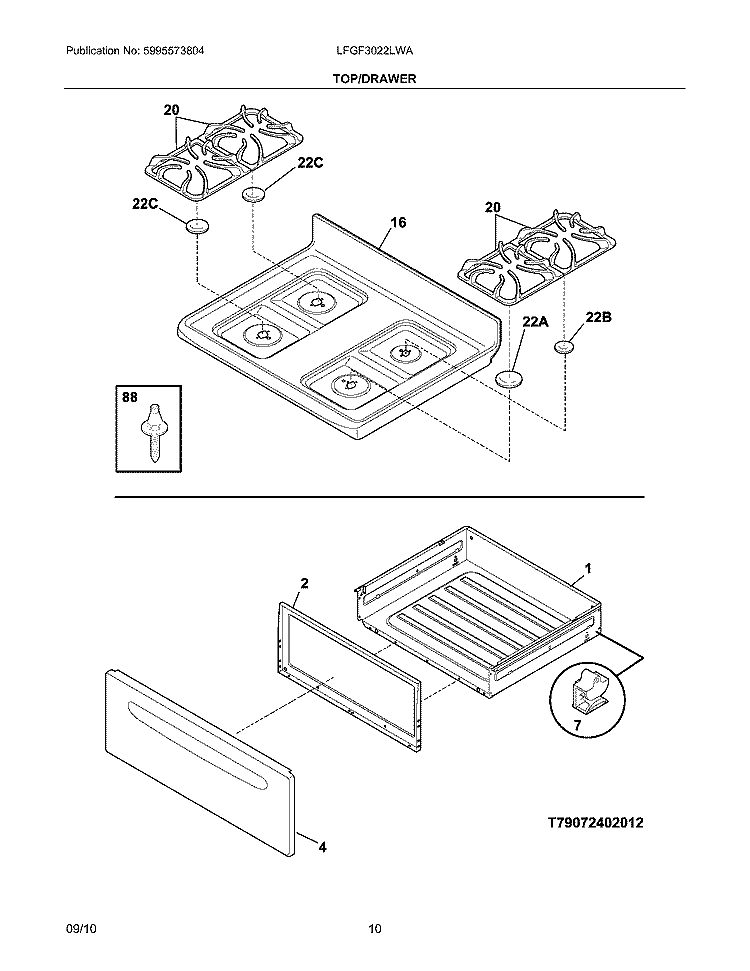 TOP/DRAWER Diagram and Parts List for LFGF3022LWA  Frigidaire Range